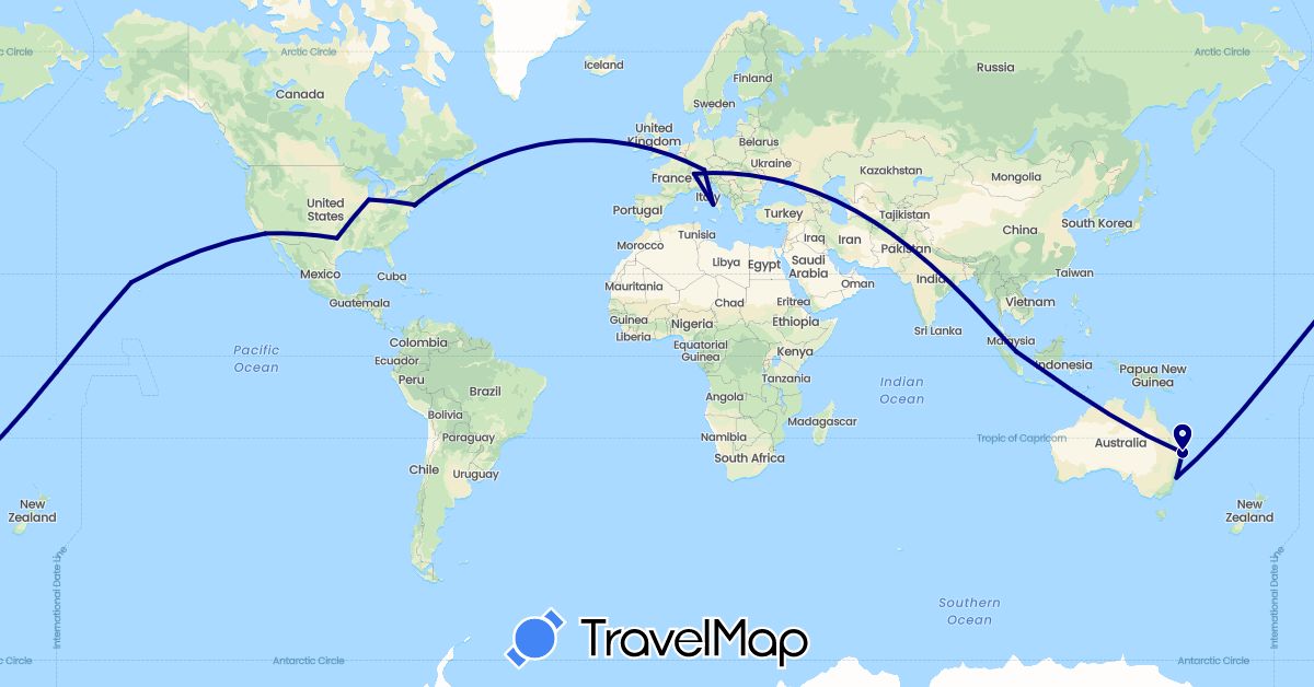 TravelMap itinerary: driving in Australia, Switzerland, Germany, Italy, Singapore, United States (Asia, Europe, North America, Oceania)